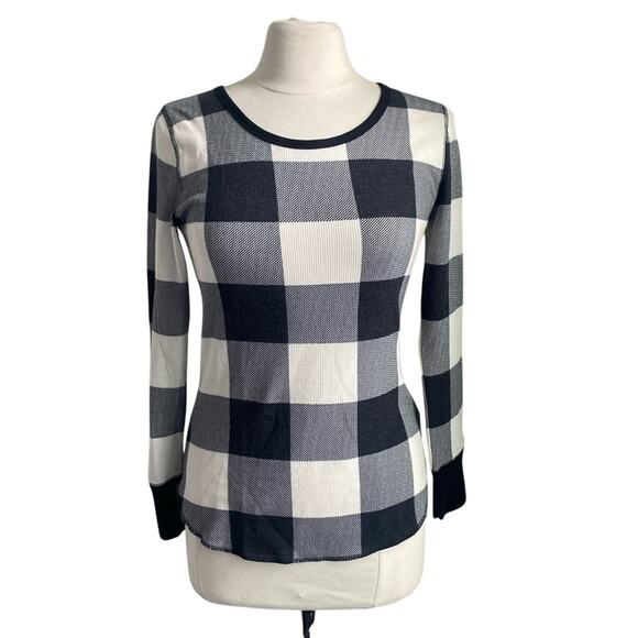OLD NAVY Buffalo Plaid Top Womens Sz Small Black Waffle Thermal Long Sleeve - Picture 1 of 7